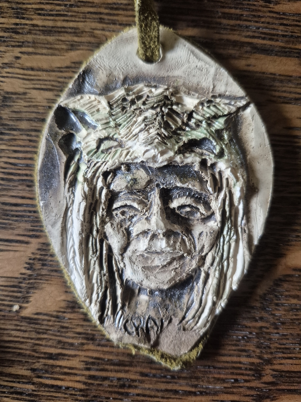 Vintage Signed Artisan Relief Pendant Leather Suede Necklace Tribal Boho - Picture 3 of 7